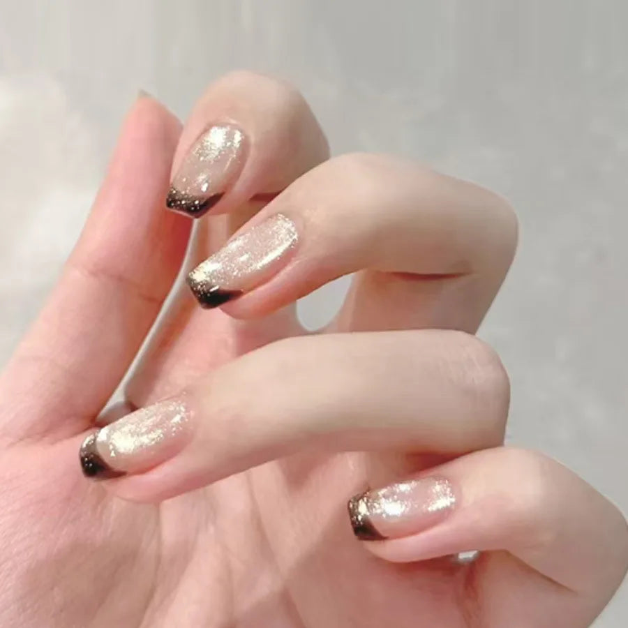 30Pcs/Set Dual Tone Cat Eye fake Nail Tips Gem Blue Brown Silver Glitter sparkling Medium french Style Press-On false Nails art