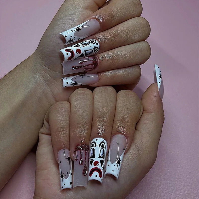 Circus Clown Ghost Halloween Press-On Nails – Long Stiletto, 24 Pcs