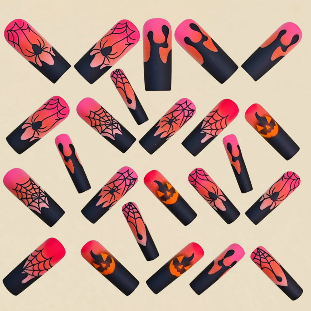 Pink Ombre Pumpkin & Spider Web Press-On Nails – Long Coffin, 24 Pcs
