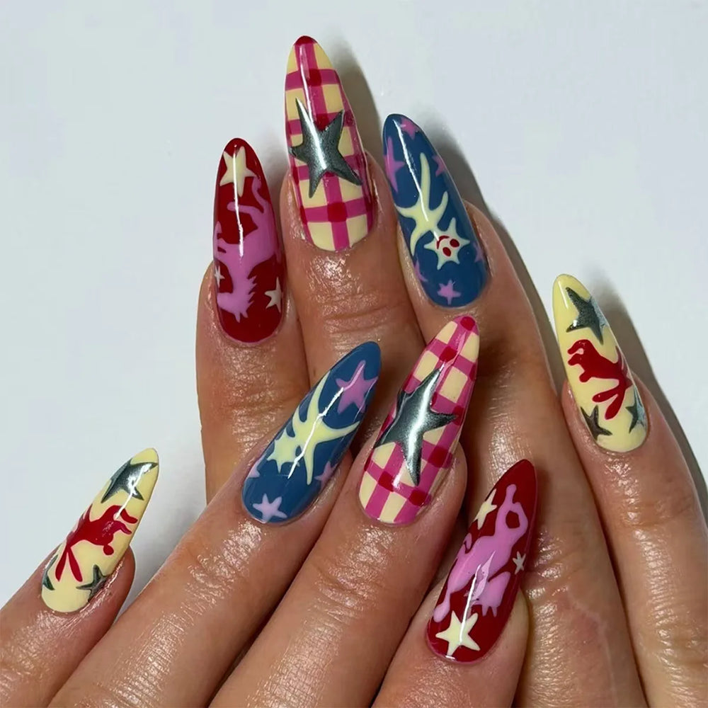 Y2K Star Chain Polka Dot Press-On Nails – Long Stiletto, 24 Pcs