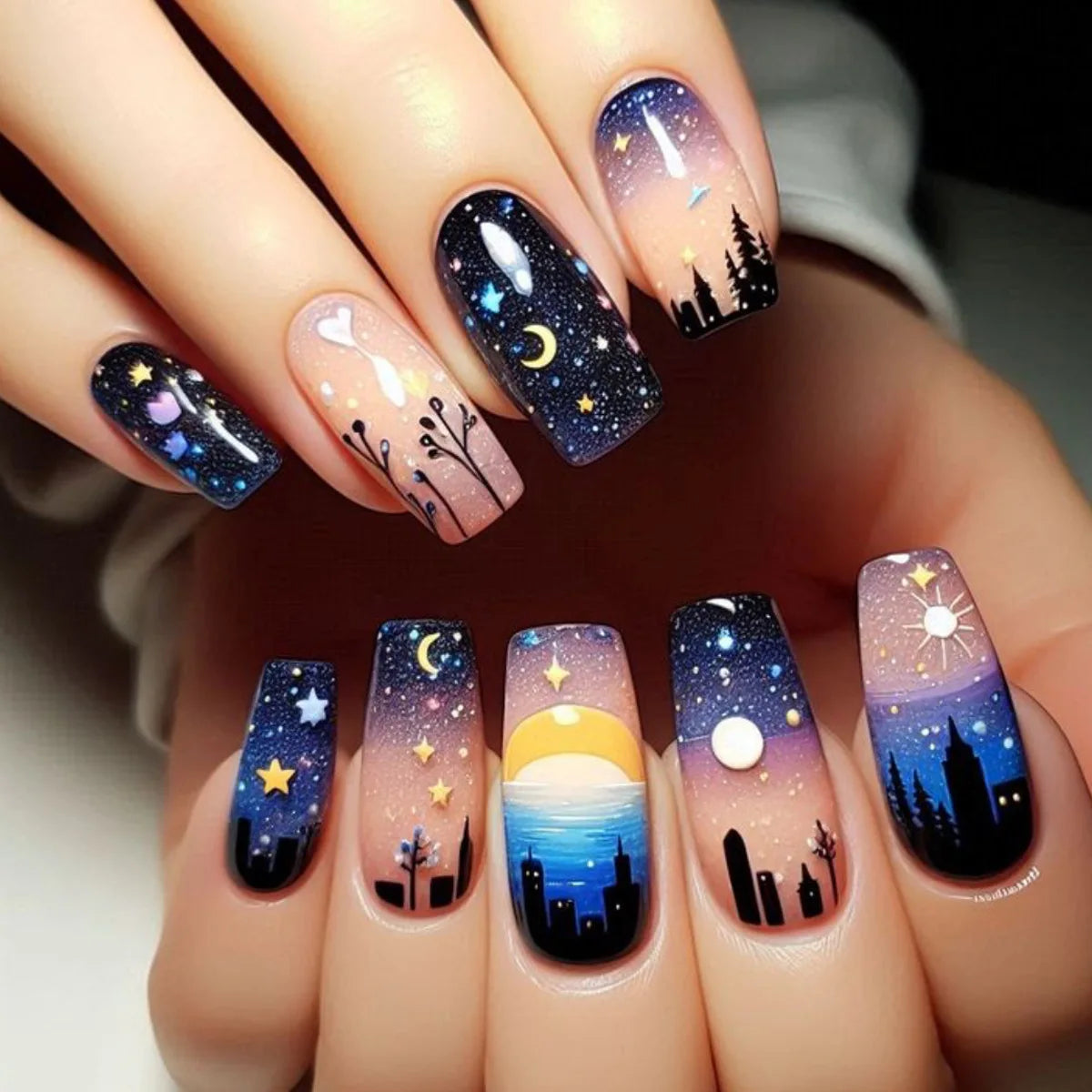 24pcs/set Medium Long Fake Nails for Summer Autumn Winter Gradient Purple Blue Starry Sky Sunset Flower Y2K Press On False Nails