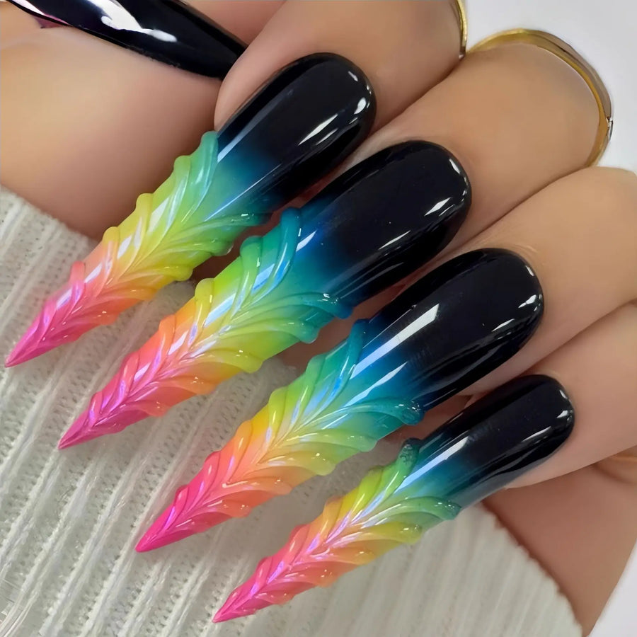 3D Embossed Bow Gradient Press-On Nails – Blue Yellow Pink Red, Long Waterdrop