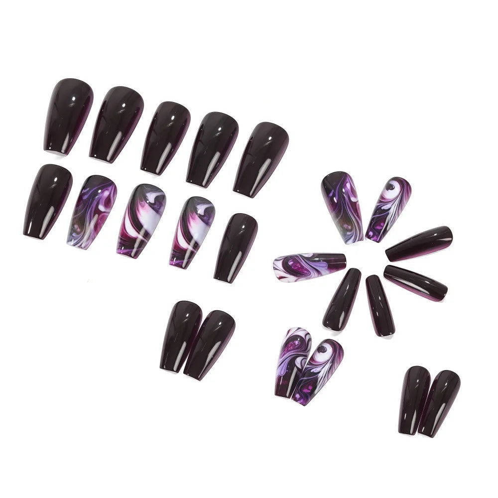 Medium Fake Nails for Women Girls Gradient Purple Colors Flowers Wave Strips Design French Ballet Nail Tips Press On False Nail