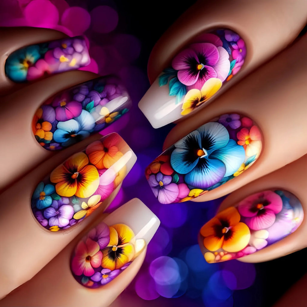 Medium fake nails for women Y2K purple yellow blue pink flowers print ballet shape nail tips full cover press on false nail set