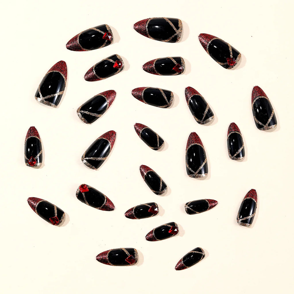Medium Long Fake Nails for Women Girl Sparkling Glitter Red Nail Tips for New Year Party Almond Square Shape Press On False Nail