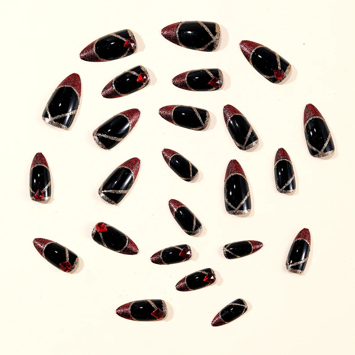 Medium Long Fake Nails for Women Girl Sparkling Glitter Red Nail Tips for New Year Party Almond Square Shape Press On False Nail
