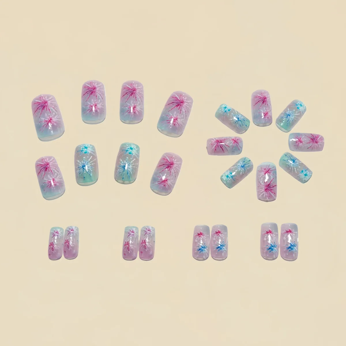 Medium Square fake nails for women girls gradient pink purple blue firework design for New year french tips press on false nail