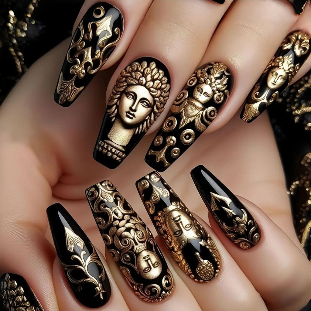 24pcs/set Medium long fake nails colorful Snake's stripes and eyes golden black human pattern square ballet tips press on nails
