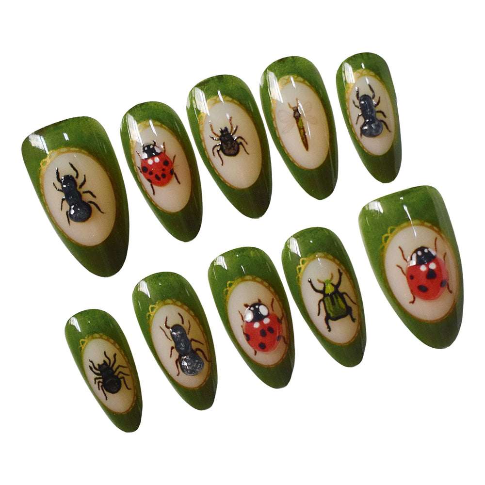 Dark Green Ladybug & Beetle Handmade Press-On Nails – Almond, 10 Pcs