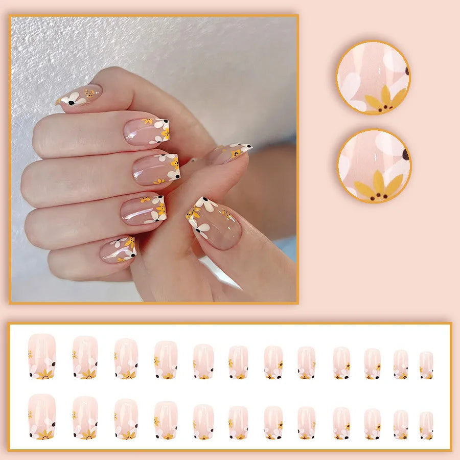Nude square fake nails with fresh yellow white flowers print for women french style design full cover press on false nail set