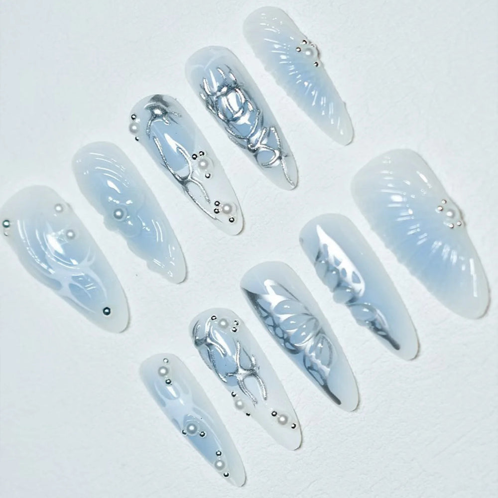 Blue Marble Chrome Butterfly Handmade Press-On Nails – Stiletto, 10 Pcs