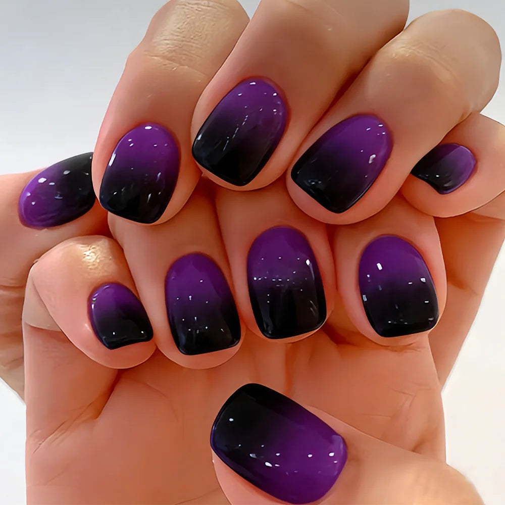 Short Square Fake Nails for Women Girls Gradient Black Purple Green Blue Red Colors Full Cover Manicure Press On False Nail Art