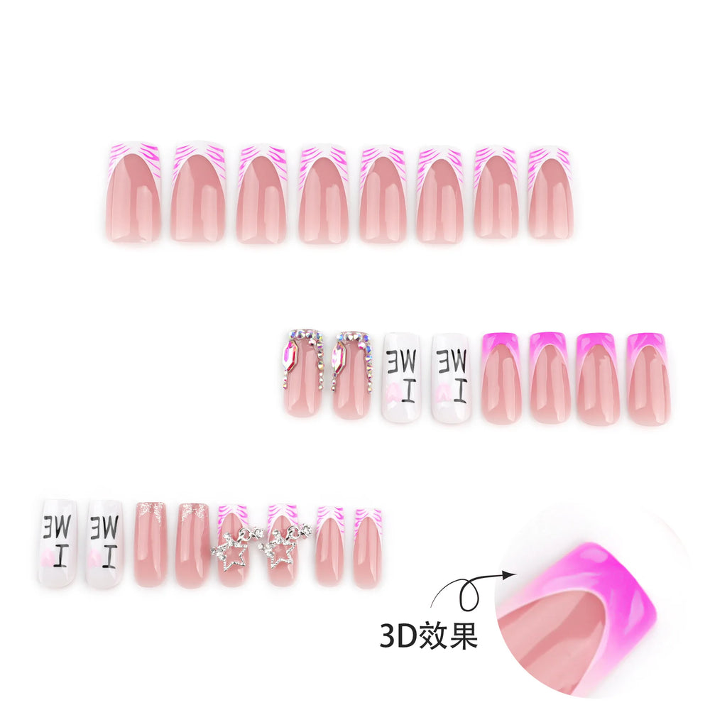 Pink Zebra Rhinestone Star French Press-On Nails – Long Square, 24 Pcs