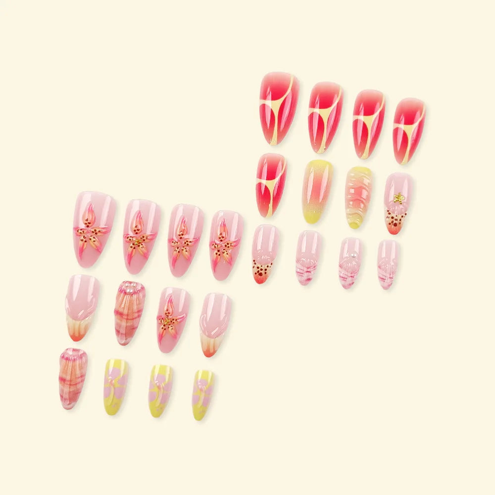 Medium long fake nails for women Gradient yellow red pink flowers shell with rhinestones design full cover presson false nail