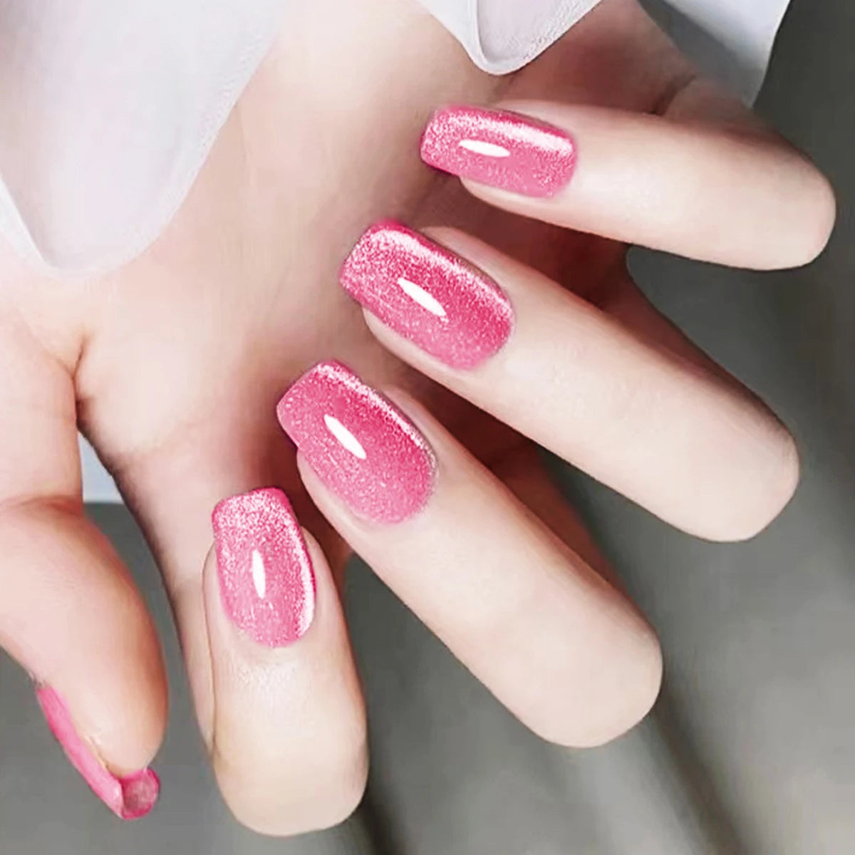 24pcs/set Medium fake nails for women Pink shimmer cat eyes glossy square nail tips full cover reusable press on false nail art