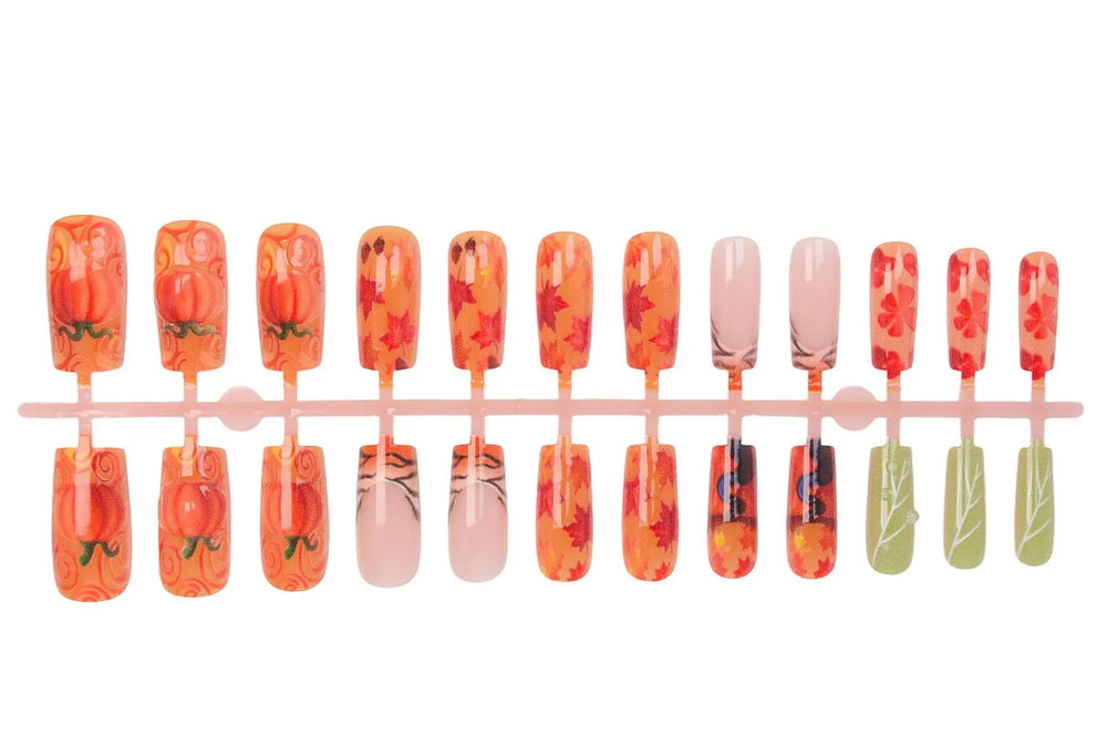 Pumpkin & Maple Leaf 3D Halloween French Press-On Nails – Square, 24 Pcs