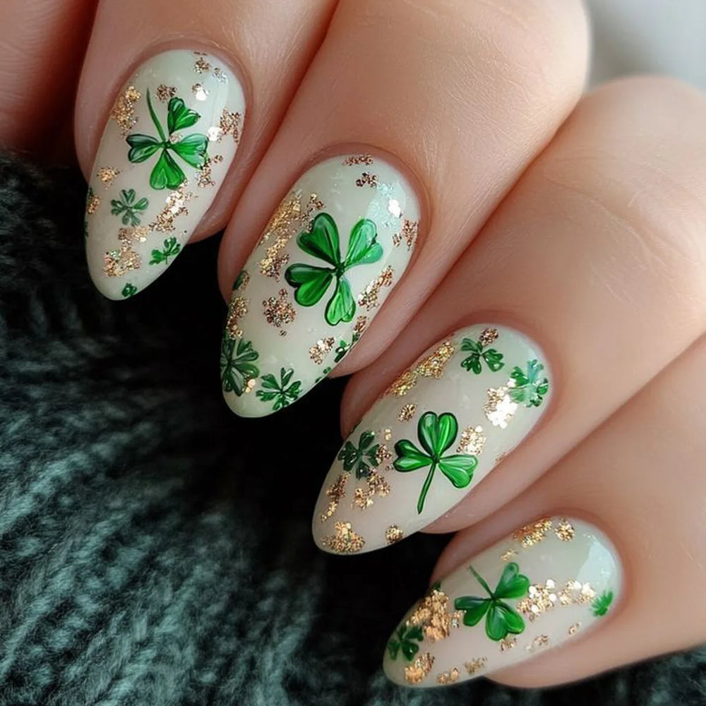 Green Floral Hat St. Patrick's Press-On Nails – Medium Square Almond