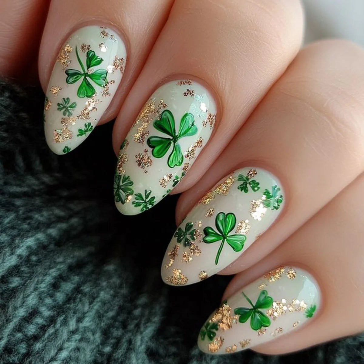 Medium fake nails for women girls green flora cute hat design for St. Patrick's Day Square almond shape press on false nail art