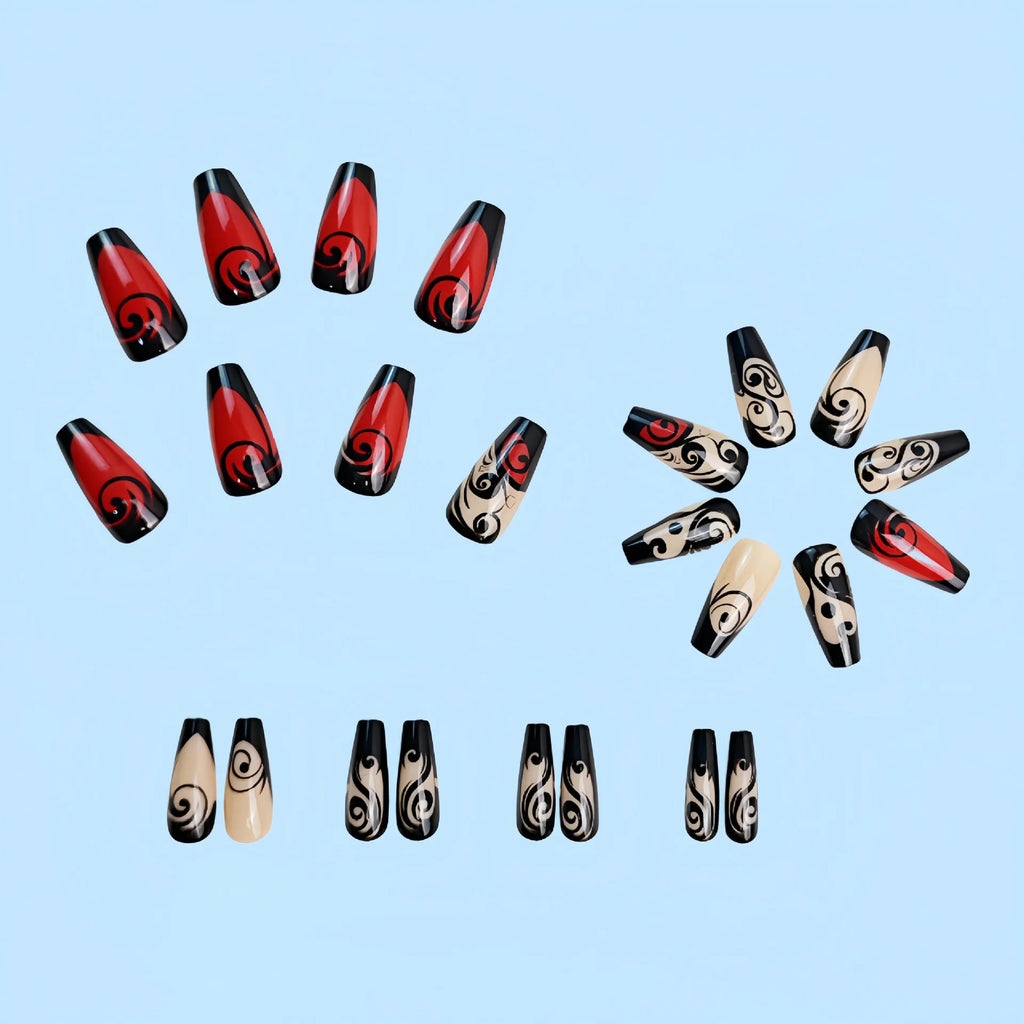 Short Medium fake nails for women gilrs black red flowers strips design full cover square ballet tips press on false nail art