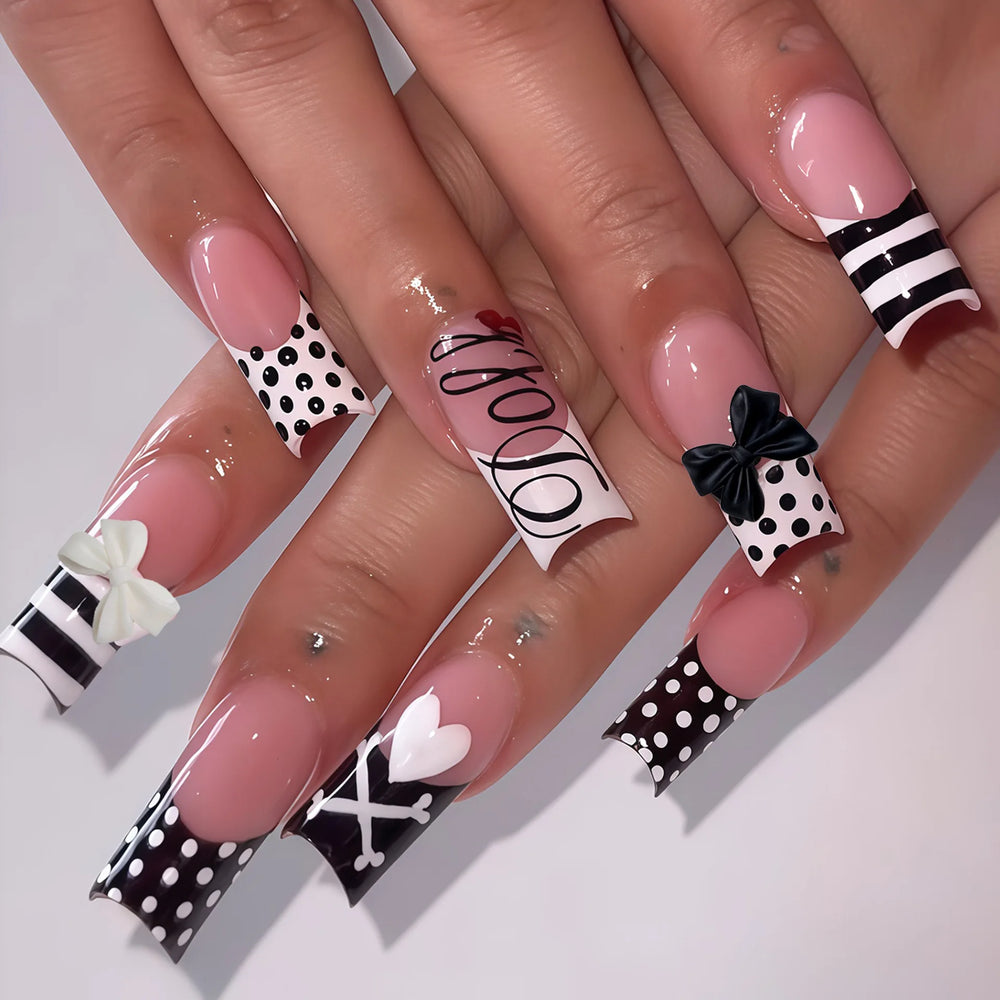 Black & White Polka Dot Bow Y2K Press-On Nails – Long Square, 24 Pcs