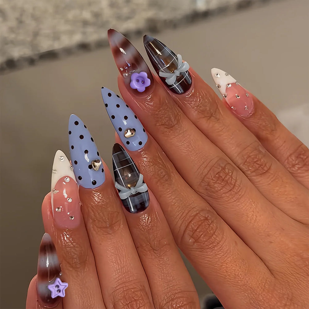Black Polka Dot Lace 3D Bow Press-On Nails – Almond, 24 Pcs