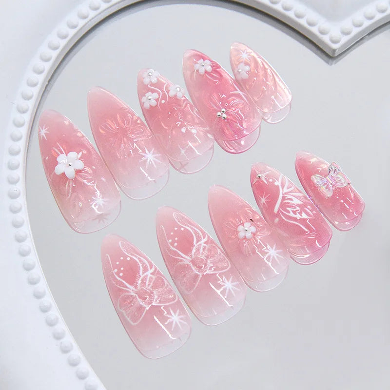 3D fake nails for women girls Gradient pink colors with flowers butterfly design almond nail tips full cover press on false nail