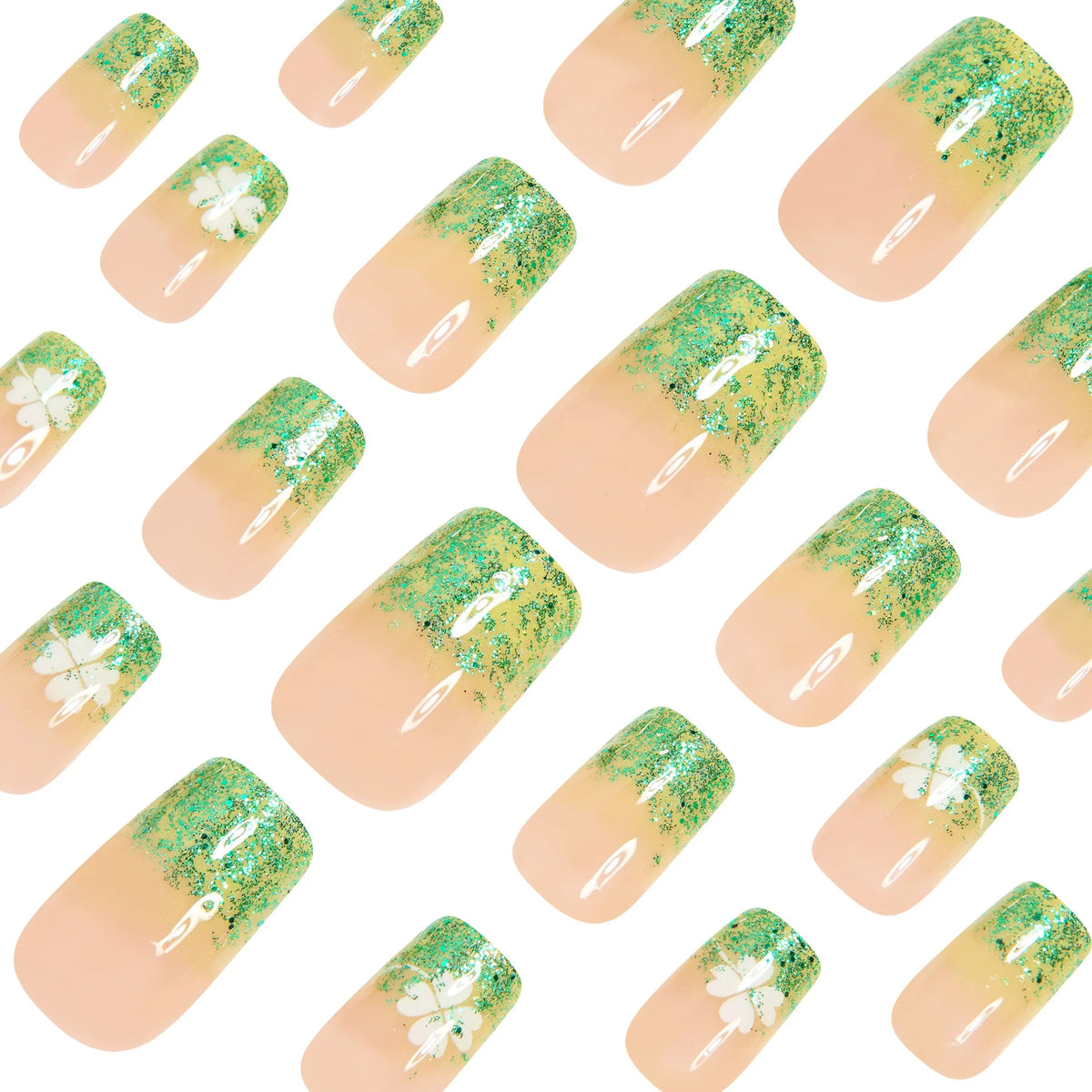 Short Medium fake nails for women girls green white four-leaf clover with glitters for St. Patrick's Day press on false nail set