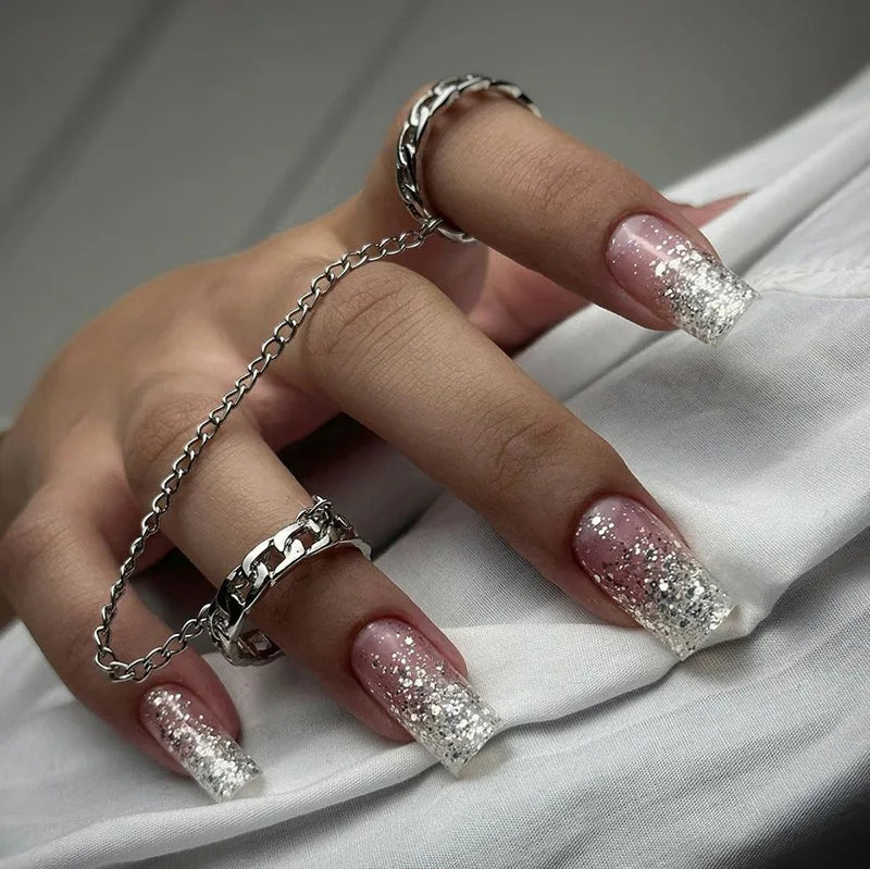 Gold Brown Silver Sparkling Glitter Ballet Press-On Nails – Short/Medium/Long Square, 24 Pcs