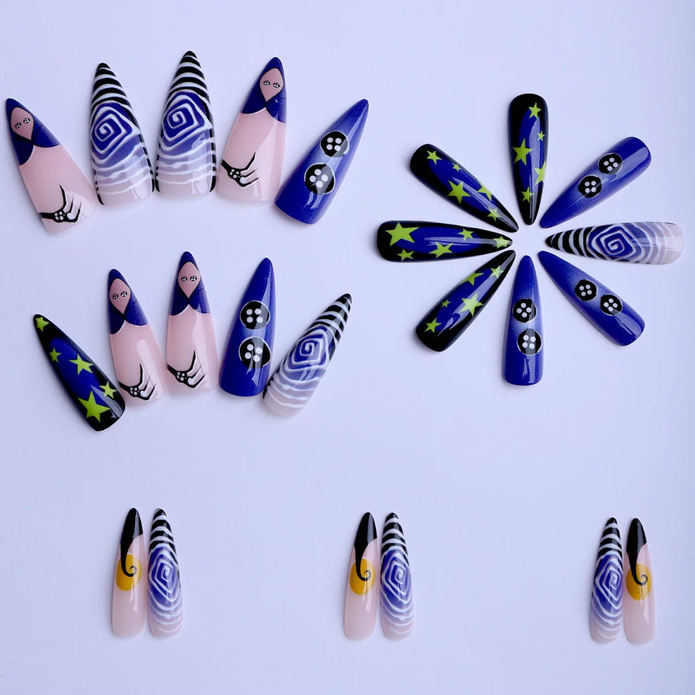 Halloween Spiral Star & Pumpkin Press-On Nails – Almond, 24 Pcs
