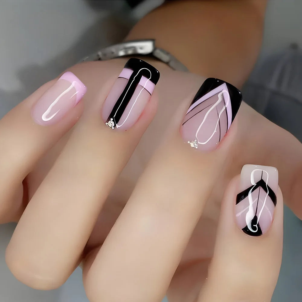 Short Medium fake nails for women gilrs Square almond nail art tips black pink white pattern with rhinestones press on nail art