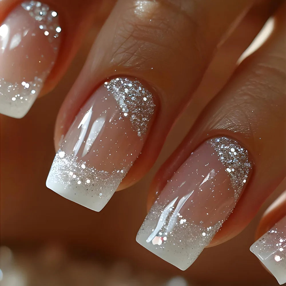 24pcs/set Medium Square fake nails for women girls Nude beige with glitters french style white edge press on false nail art set
