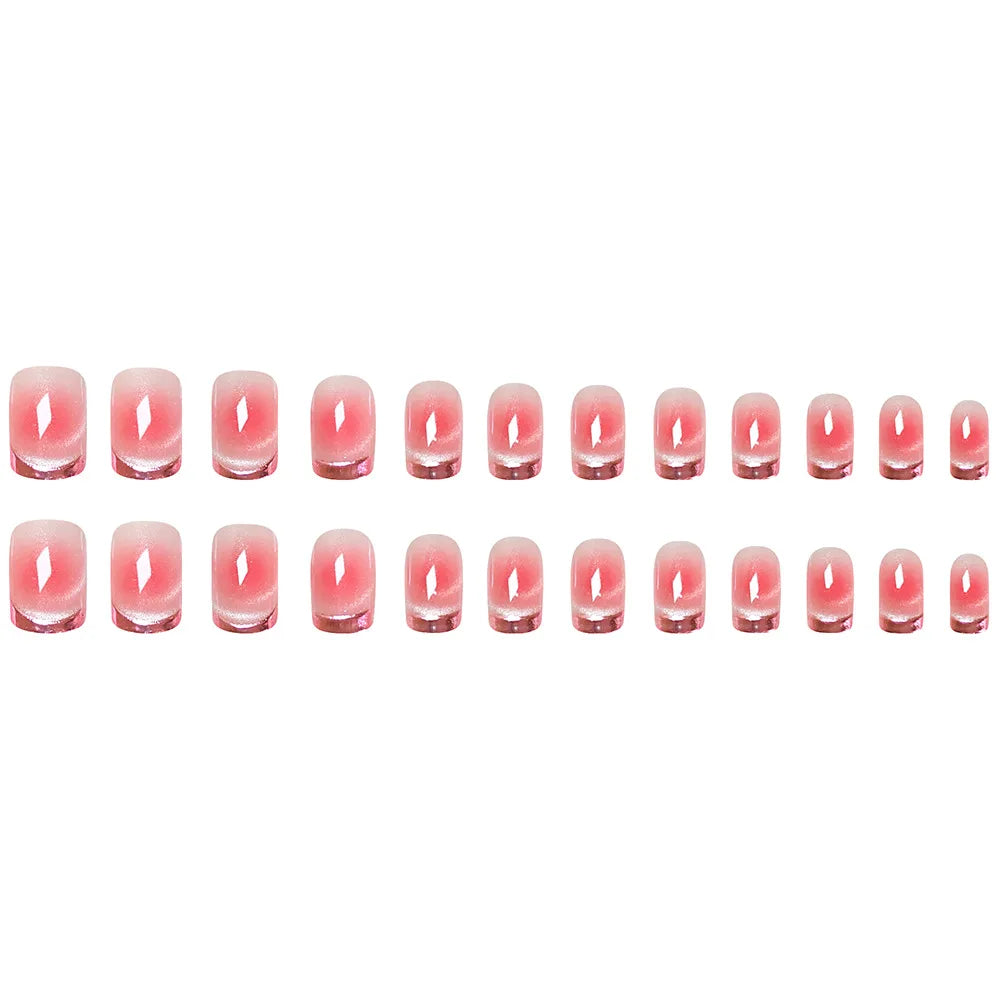 Medium fake nails for women Gradient blush pink shimmer cat eyes Holographic Plated french sqaure nail tips press on false nails