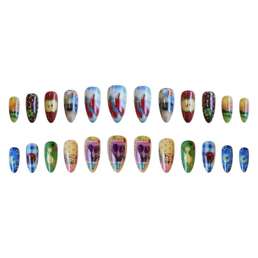 Cute Cartoon Oil Painting Press-On Nails – Almond, 24 Pcs