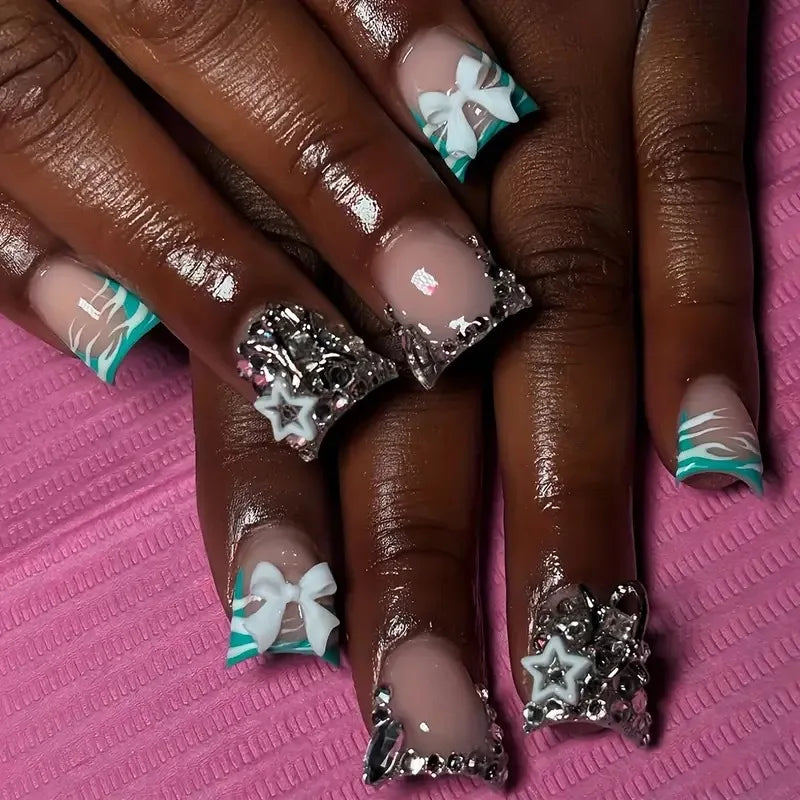 Glossy Black Bow & Star Rhinestone Press-On Nails – Short Duckbill, 24 Pcs
