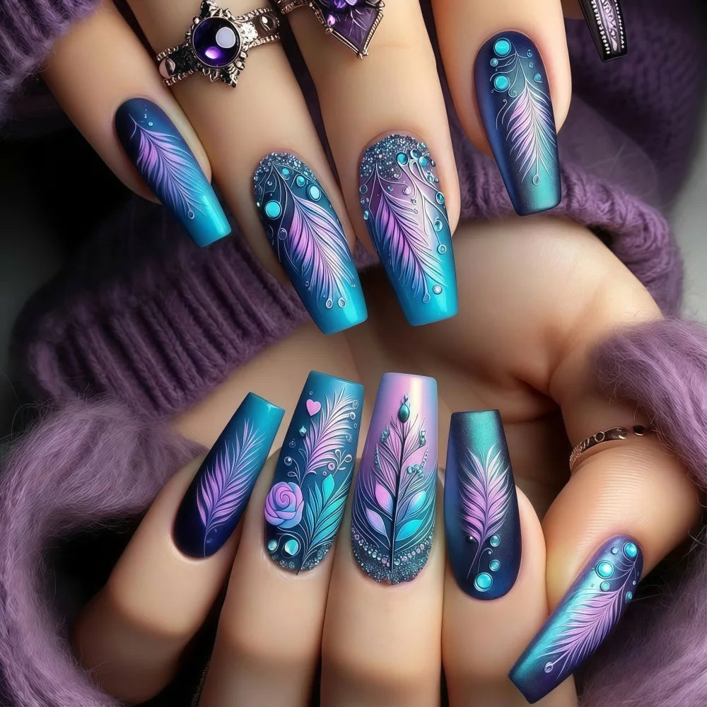 Ice Blue & Purple Floral Wave Ballet Press-On Nails – Medium Square, 24 Pcs