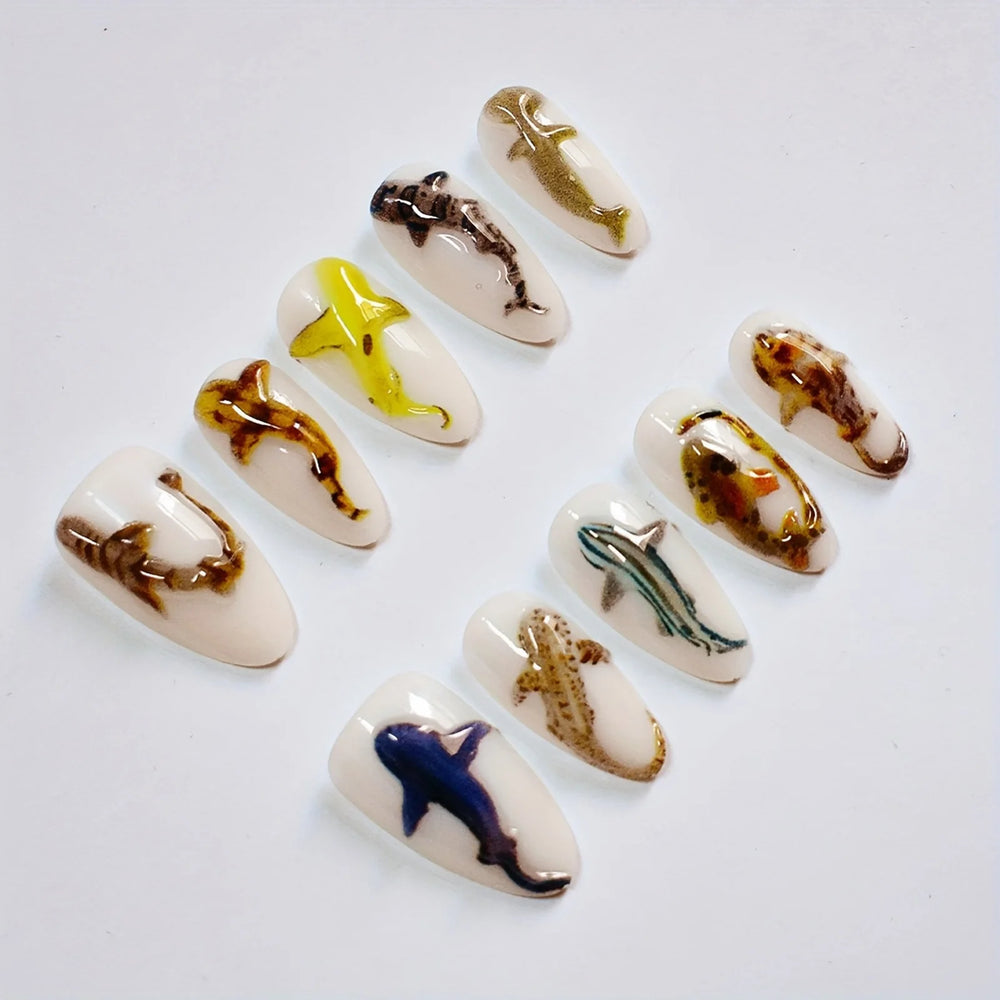 3D Colorful Marble Chrome Handmade Press-On Nails – Coffin, 10 Pcs