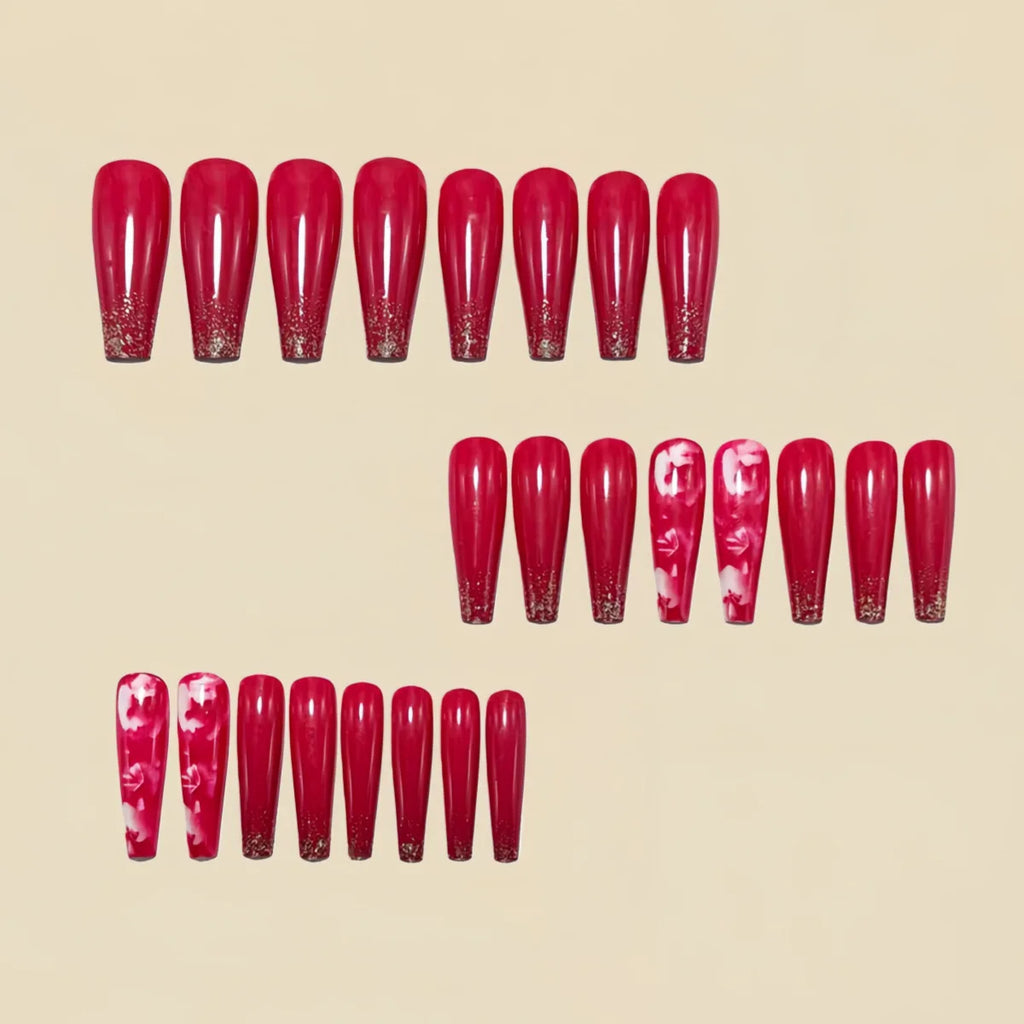 Medium long fake nails for women girls Pink red black flowers for Valentine's Day full cover almond ballet tips press on nail