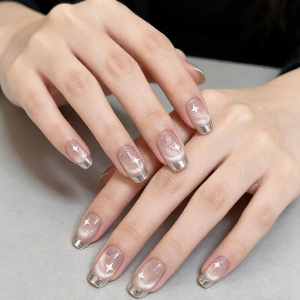 Short fake nails for women gilrs french style glossy shimmer cat eyes with golden silver edge frame full cover press on nails
