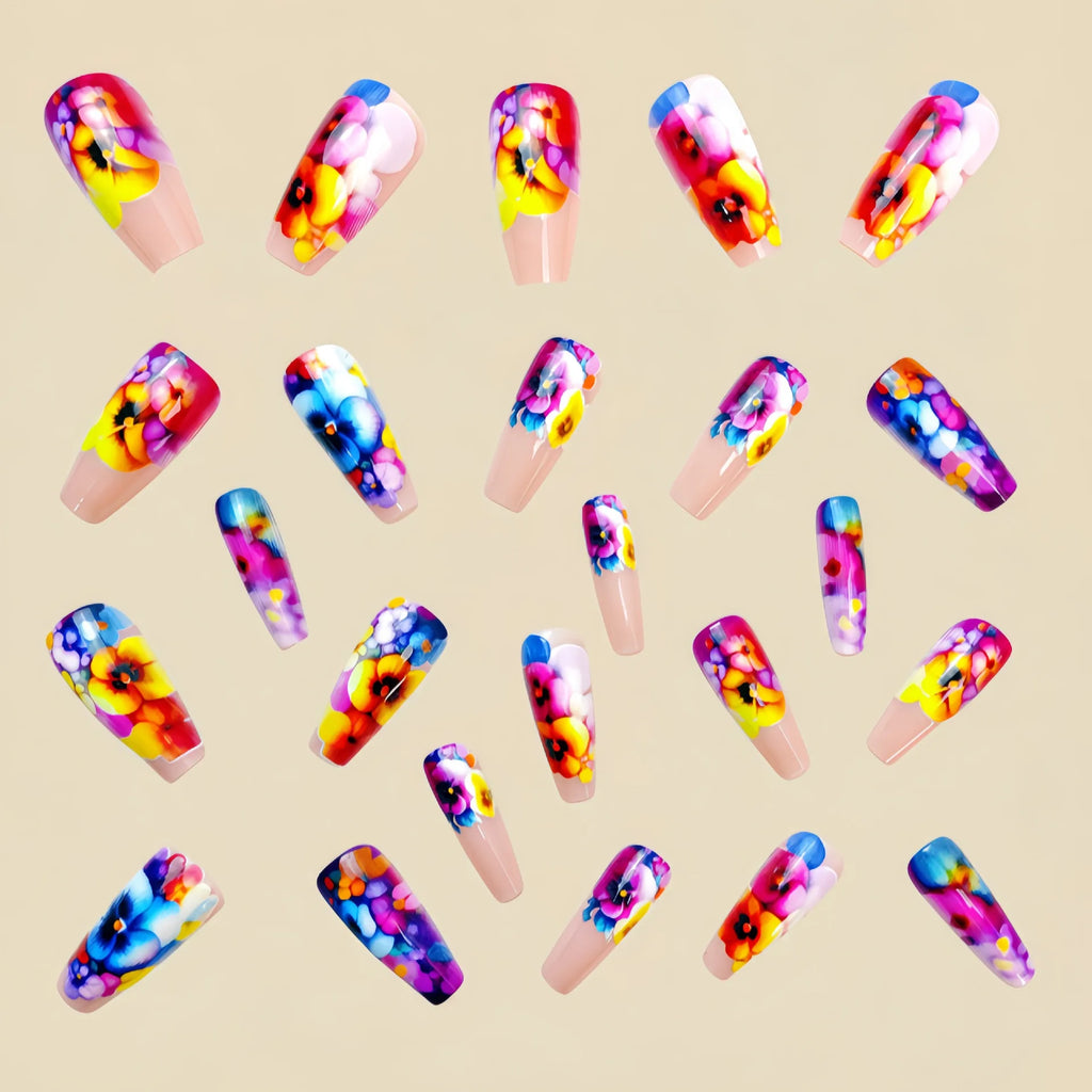 Medium fake nails for women Y2K purple yellow blue pink flowers print ballet shape nail tips full cover press on false nail set