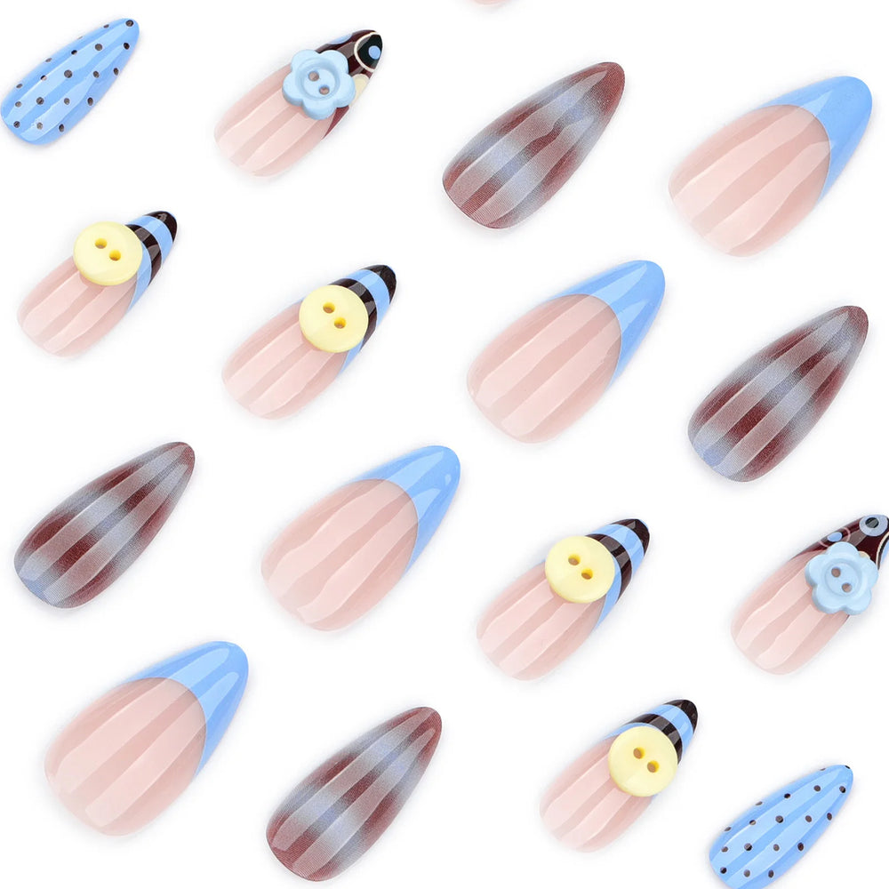 Blue & Brown Ombre 3D Button Flower Press-On Nails – Almond, 24 Pcs