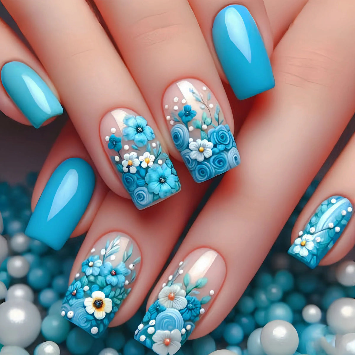 Medium fake nails for women girls Nude blue square nail tips with flowers printing full cover reusable press on false nail art