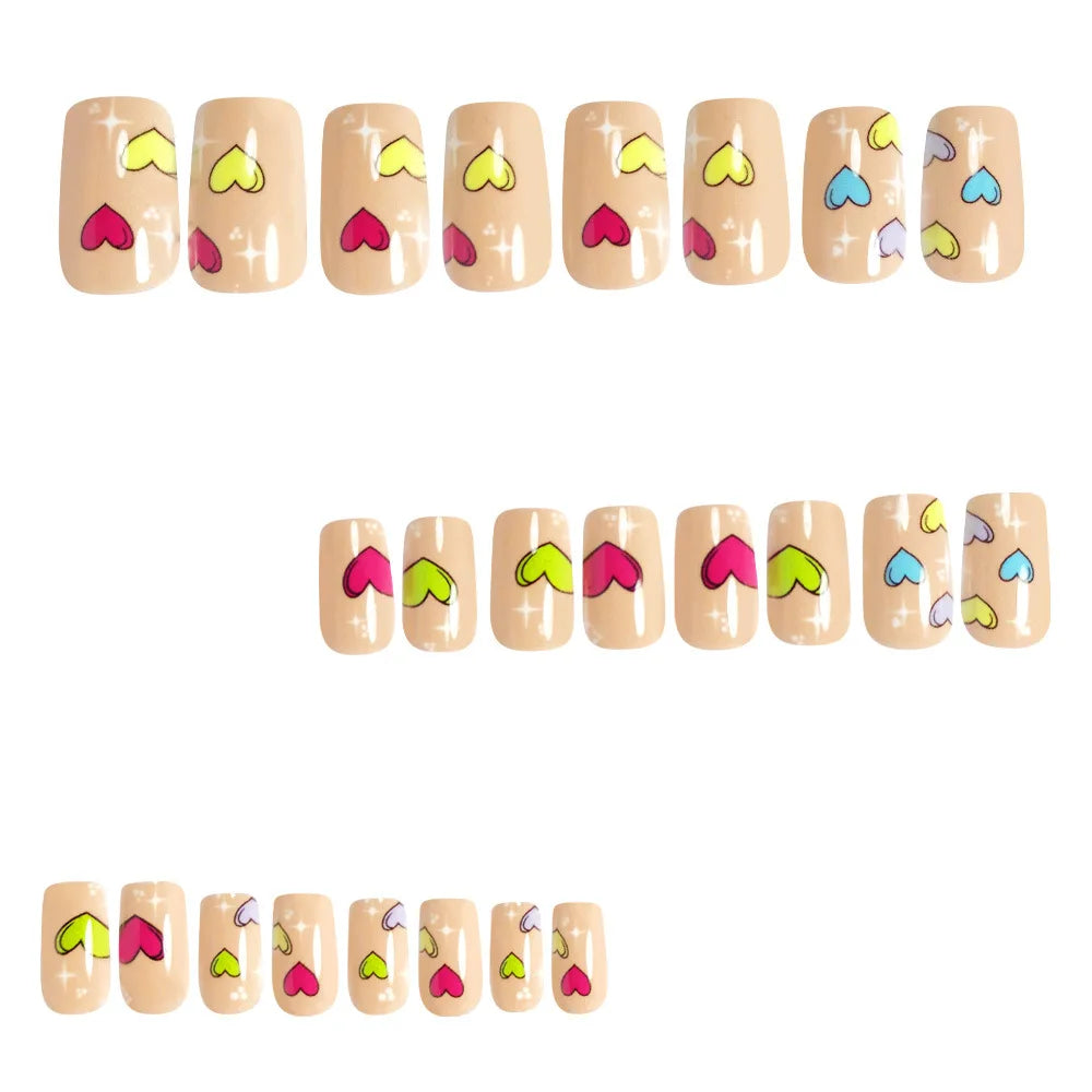 Medium fake nails for women girls y2K pink blue yellow beige cute heart Square nail tips for Valentine's Day press on false nail