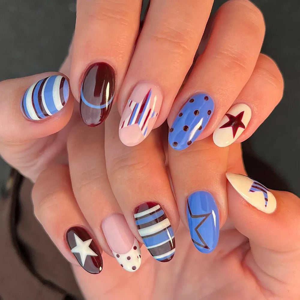 Colorful Star & Stripe French Y2K Press-On Nails – Almond, 24 Pcs