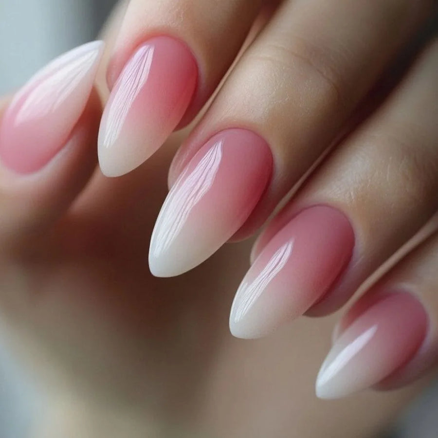 Glossy Pink Nude Gradient Almond Press-On Nails – Medium
