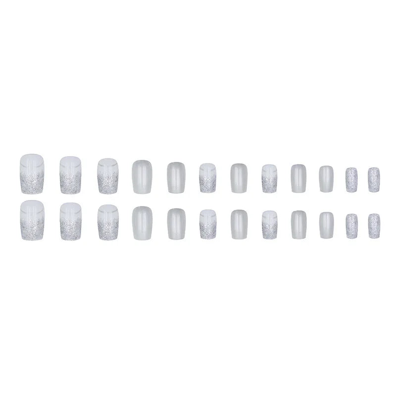 Short Square fake nails for women glossy brown tips golden silver glitters with strips design full cover press on false nail art