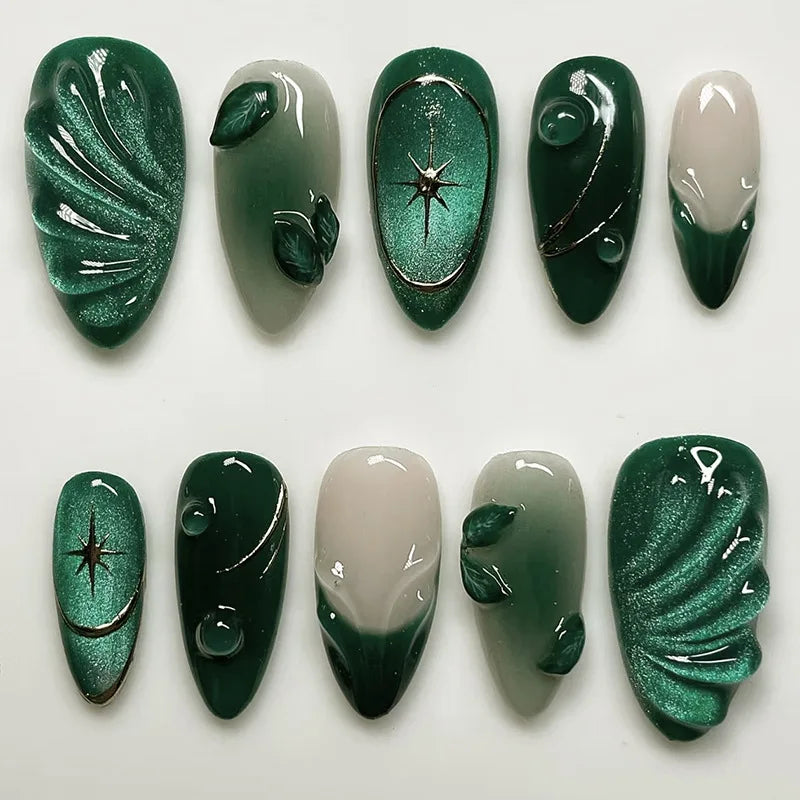3D Green Ripple Cat-Eye French Almond Press-On Nails – Leaf Pattern, 24 Pcs