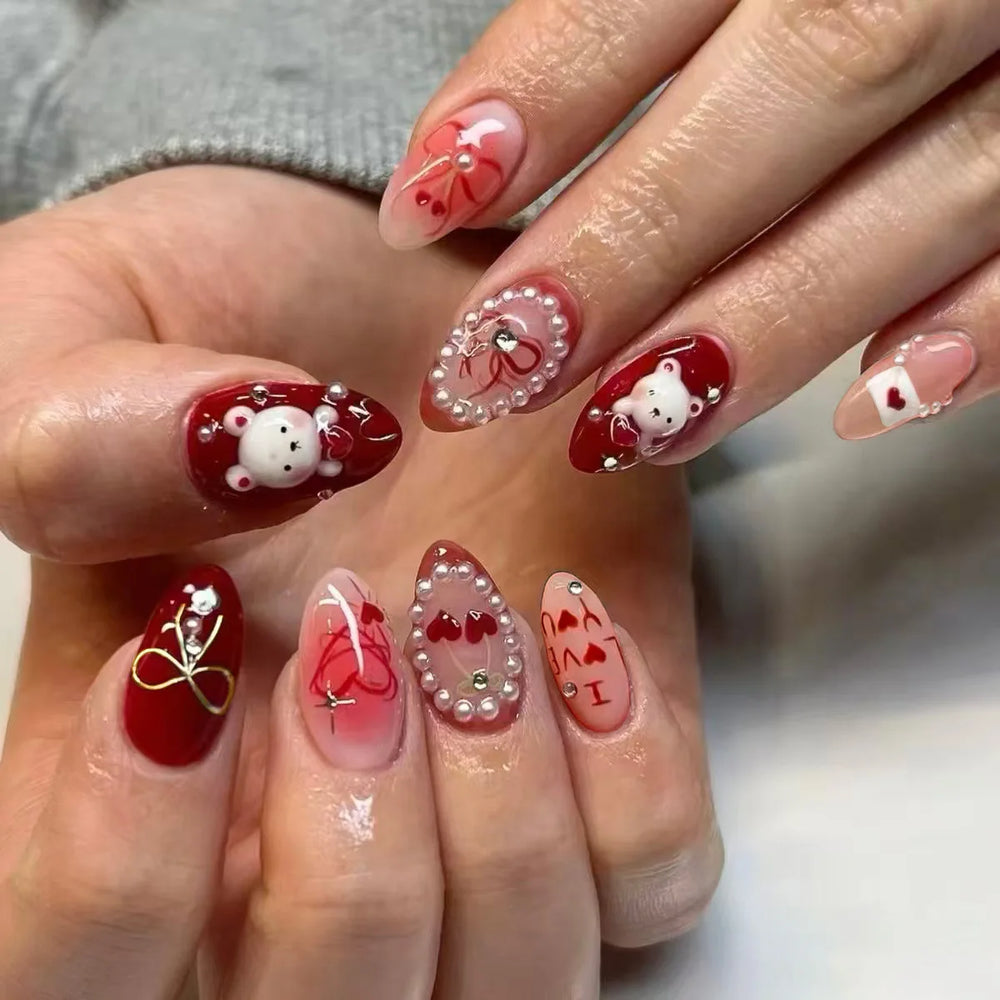 Rabbit & Strawberry Red French Press-On Nails – Almond, 30 Pcs