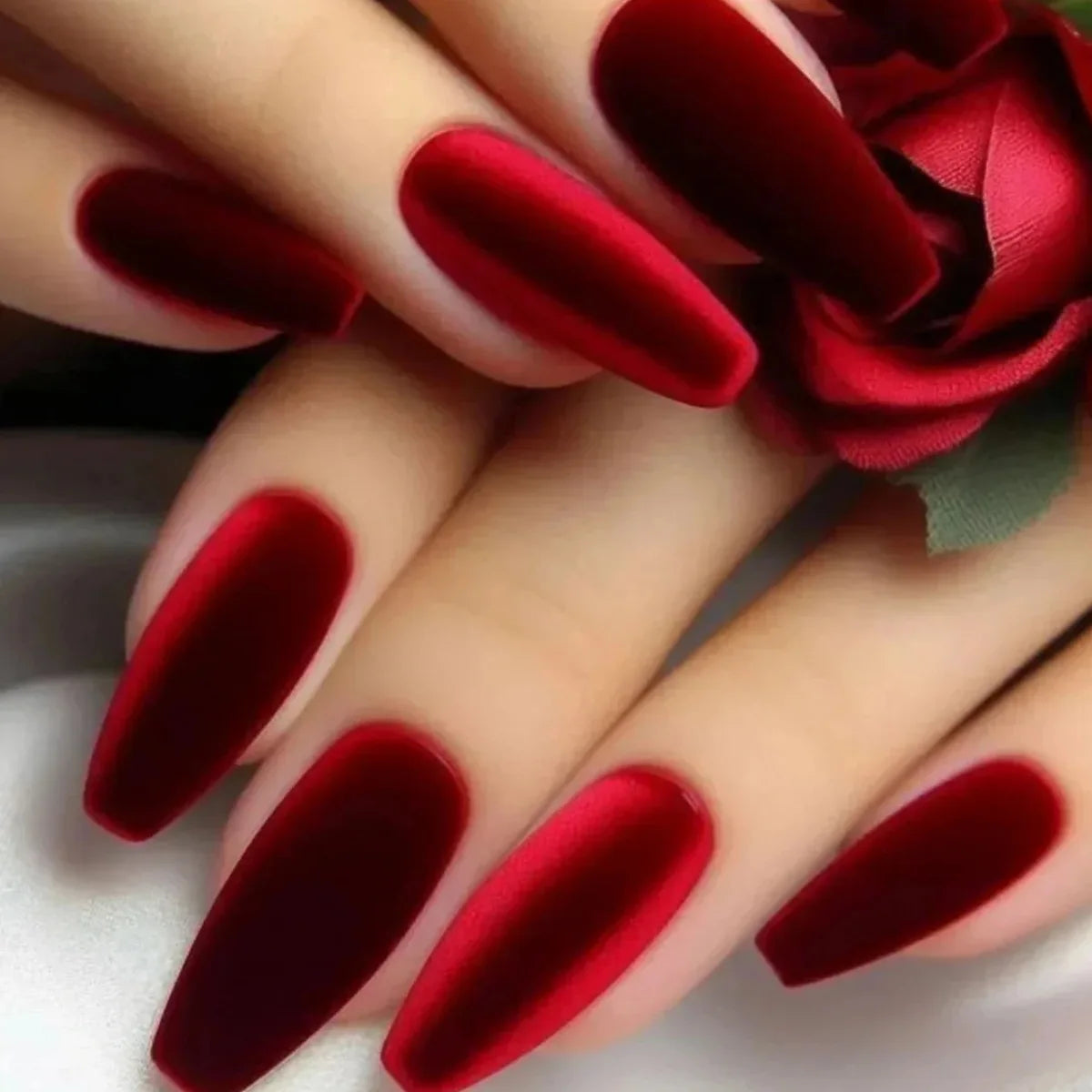 24pcs/set Velvet red fake nails for women girls New year Party Medium almond ballet matte nails tips press on false nail art