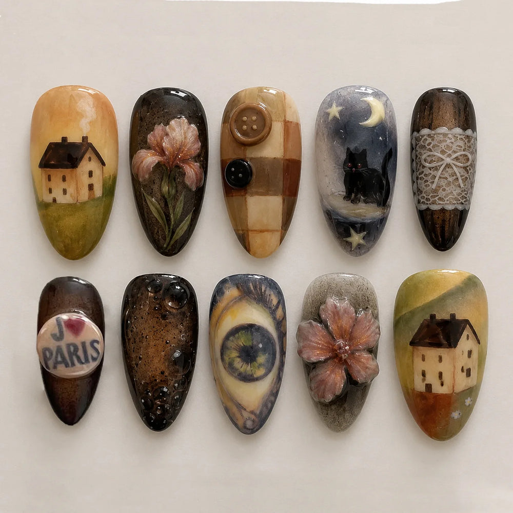 Vintage Oil Painting Art Press-On Nails – Frosted Almond, 24 Pcs