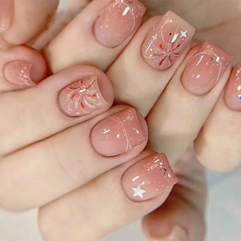 Medium Square fake nails for women girls gradient pink purple blue firework design for New year french tips press on false nail